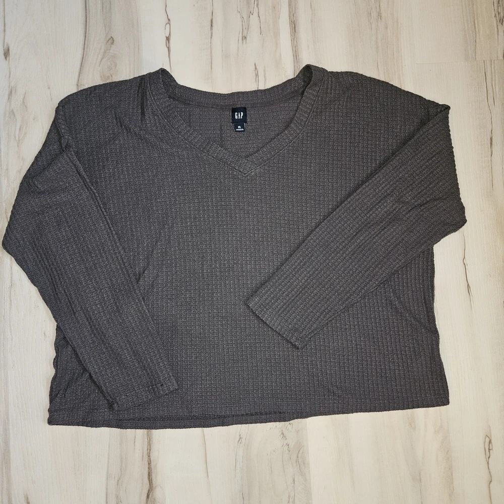 GAP Waffle Knit V-Neck Top WomenXL Charcoal Grey Thermal Long Sleeve Soft Lounge - Picture 2 of 8